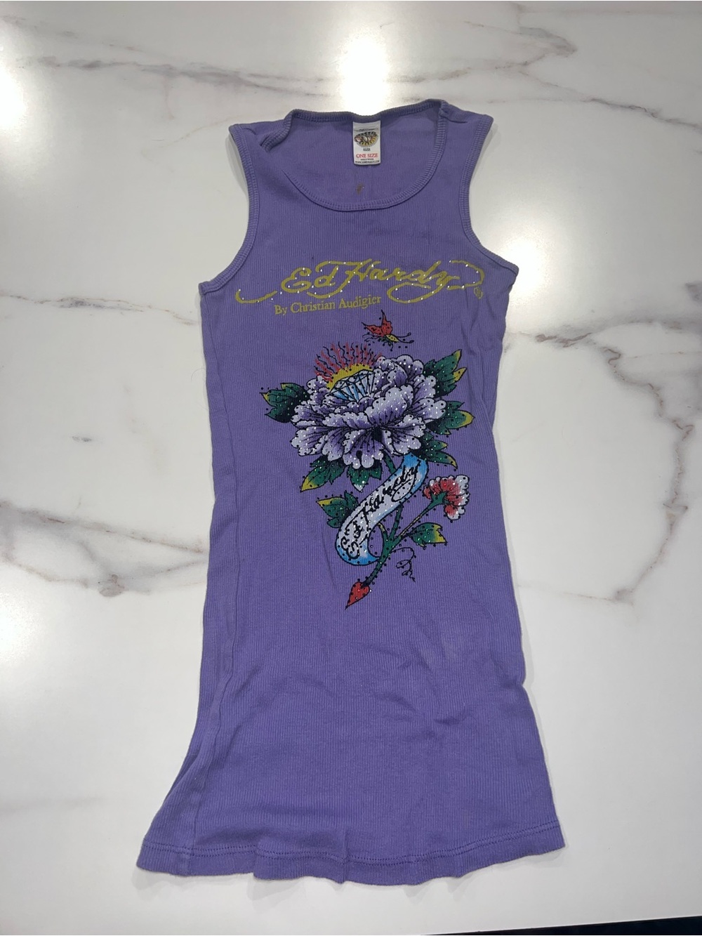 Ed Hardy Lavender Floral Graphic Tank Top